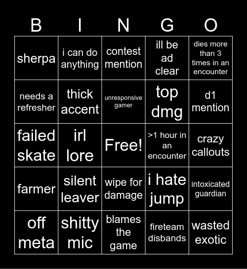 Destiny 2 Lfg Bingo Card