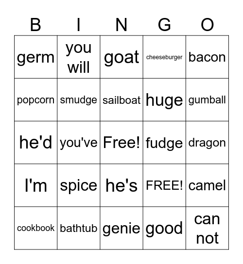 Phonics Patterns Bingo Card