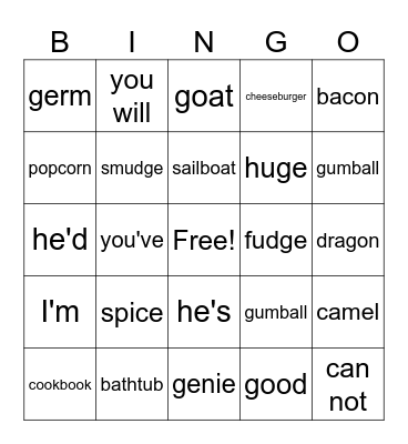 Phonics Patterns Bingo Card