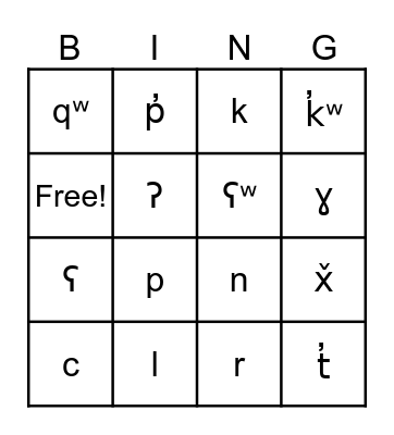 nsəlxcin alphabet Bingo Card
