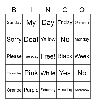 Colors Bingo Card