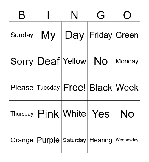 Colors Bingo Card