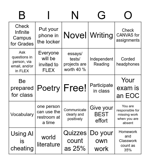 English 2 Introduction Bingo Card