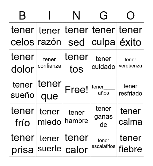 Tener expressions Bingo Card