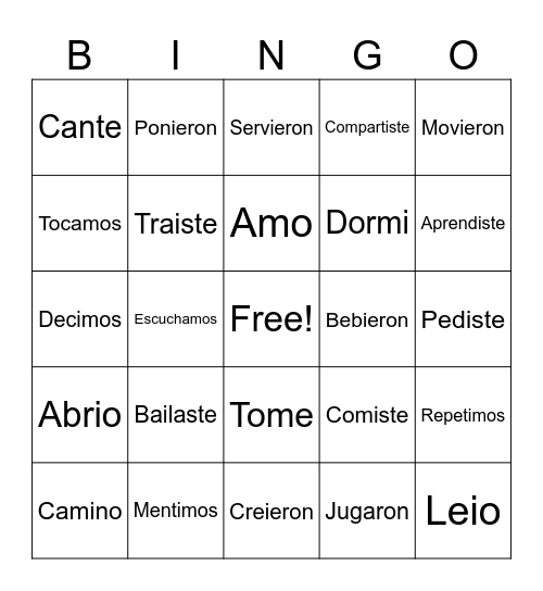 Preterite verbs Bingo Card