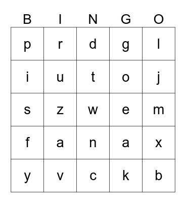 Lowercase Letters Bingo Card