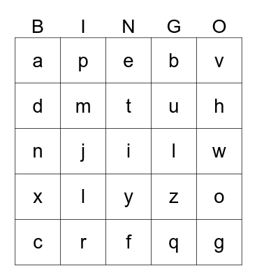 Lowercase Letters Bingo Card