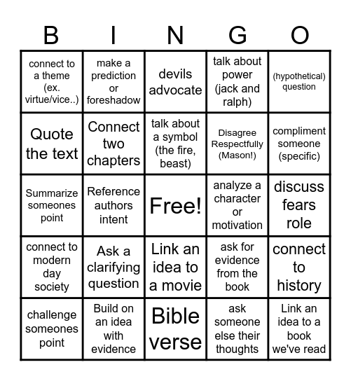 Lord of The Flies Bingo Card