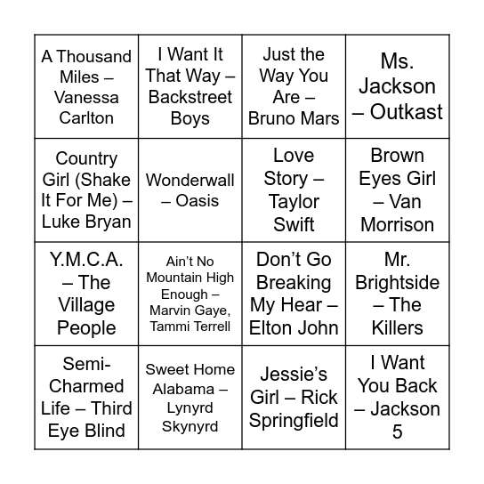 Best Karaoke Songs Bingo Card