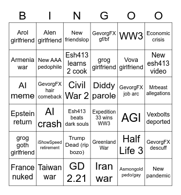Diddy Bingo (Dingo) Bingo Card