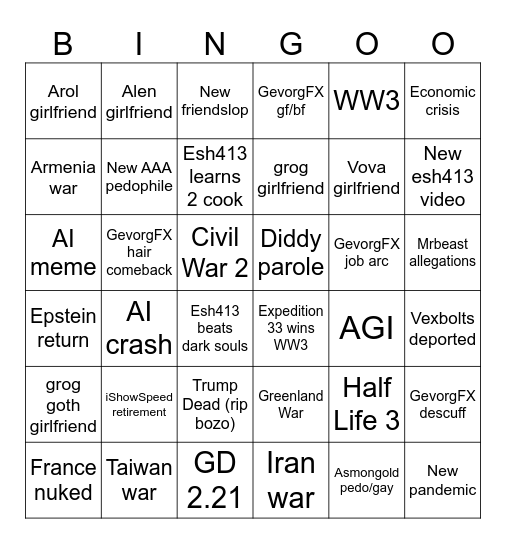 Diddy Bingo (Dingo) Bingo Card
