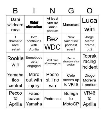 MotoGP Bingo Card