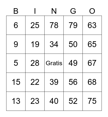 Number Bingo 1-75 Bingo Card