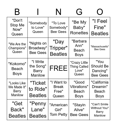 Musical Bingo Card