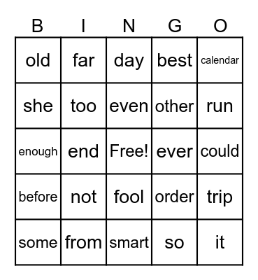 Glow Words Bingo Card