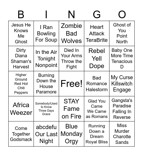 Rock Covers Bingo Card