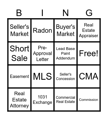 Real Estate Bingo Card
