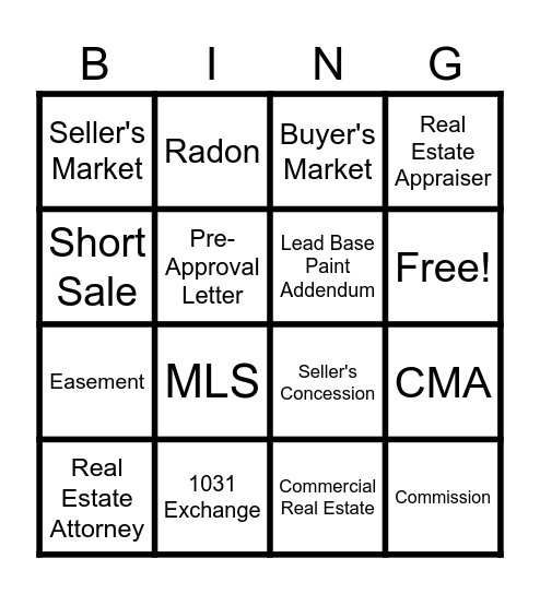 Real Estate Bingo Card