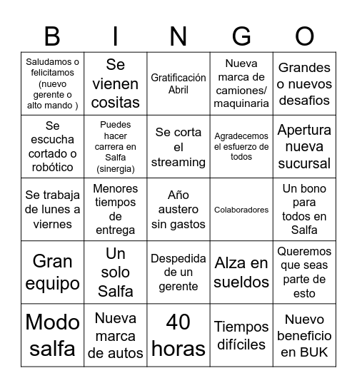 SALFA Bingo Card
