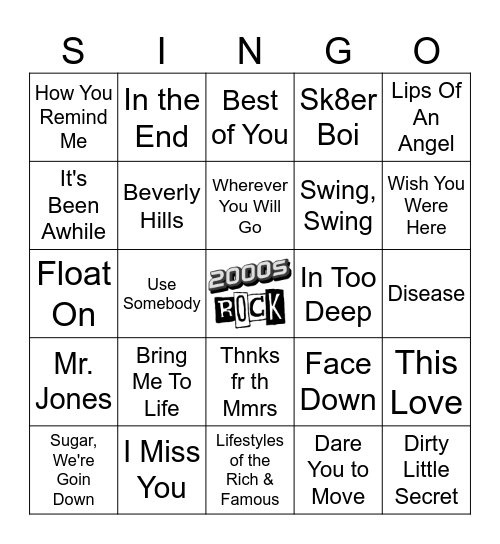 2000's Rock Singo (55 songs) Bingo Card