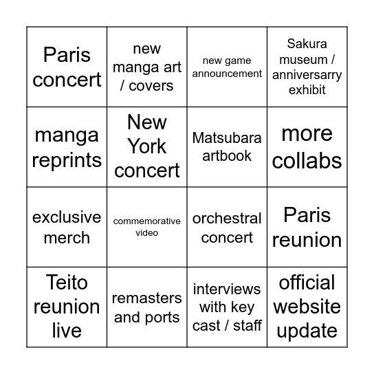 Hopes and predictions for the Sakura Wars 30th anniversary Bingo Card