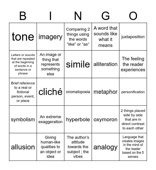 Figurative Language Bingo Card