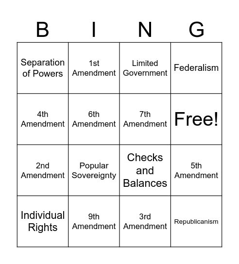 7 Principles of Government and Bill of Rights Bingo Card