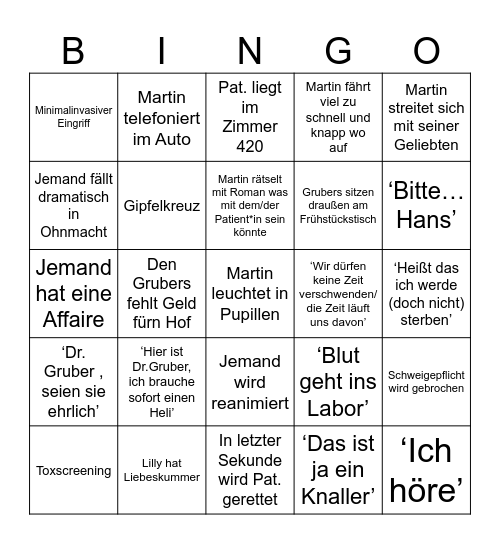 Bergdoktor Bingo Card
