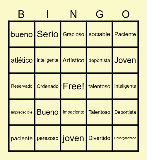 Personalidad Bingo Card