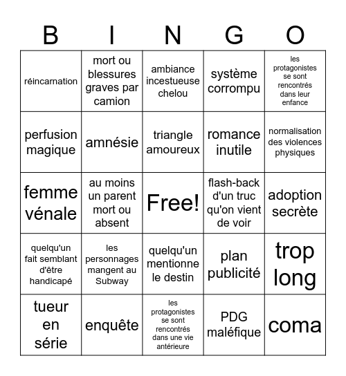 Dramatiques K Bingo Card