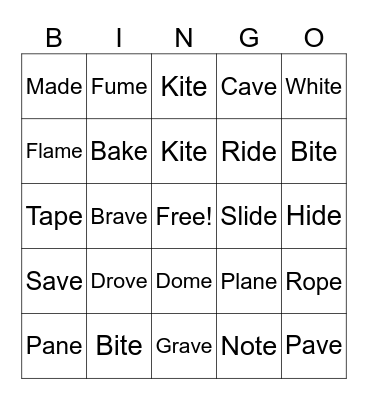 Magic e words Bingo Card