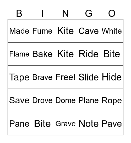 Magic e words Bingo Card