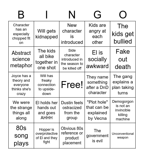 Stranger Things Bingo Card