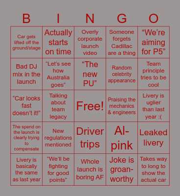 GATG Car Launch Bingo Card