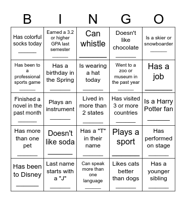 Middle School BINGO: Find someone who... Bingo Card