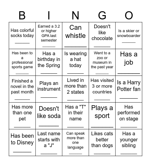 Middle School BINGO: Find someone who... Bingo Card