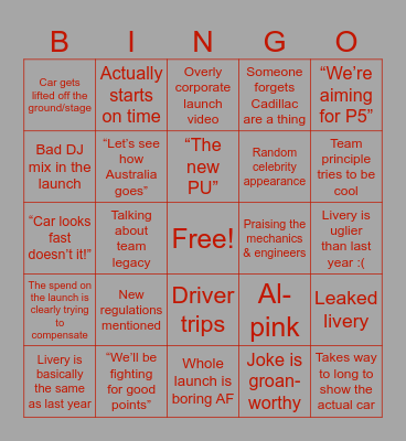 GATG Car Launch Bingo Card