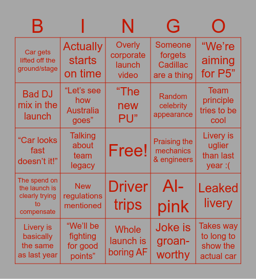 GATG Car Launch Bingo Card