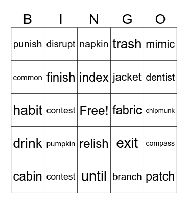 Closed Syllables Bingo Card