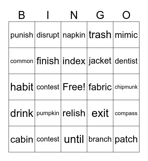 Closed Syllables Bingo Card