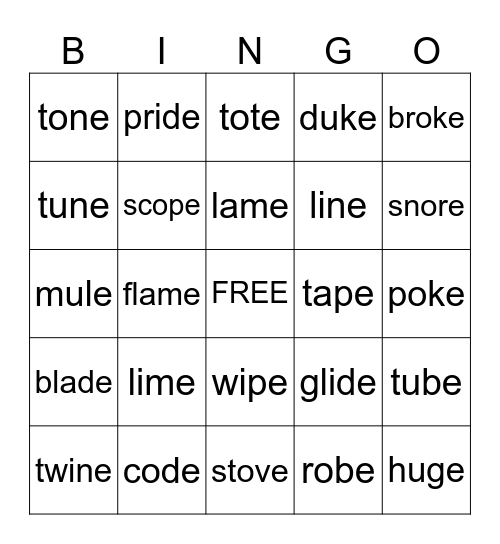 Sneaky E - Silent E Bingo Card