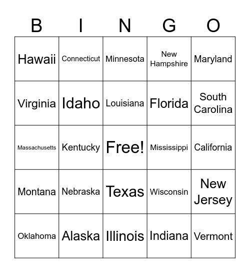 50 Nifty United States Bingo Card