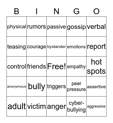 Bullying Prevention Bingo Card