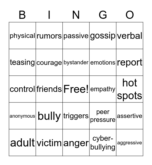 Bullying Prevention Bingo Card