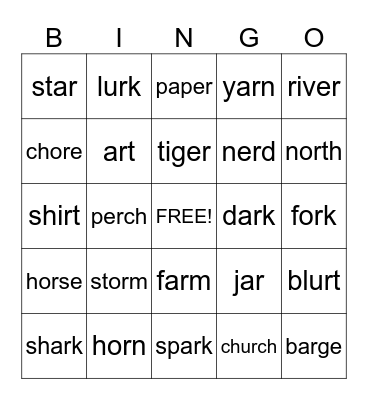R-controlled vowels Bingo Card