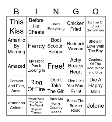 All Time Great Country Bingo Card