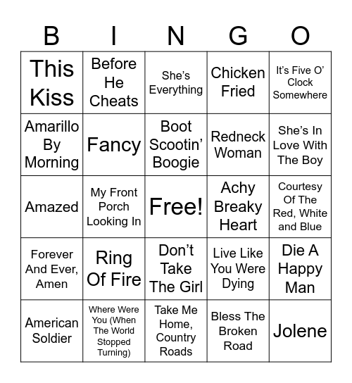 All Time Great Country Bingo Card