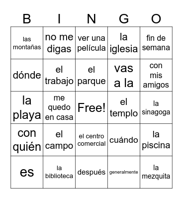 Chapter 4A ¿Adónde vas? Bingo Card