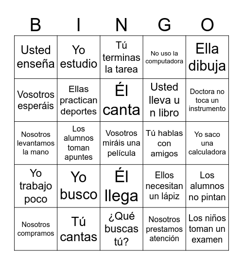 Verbos en AR Bingo Card