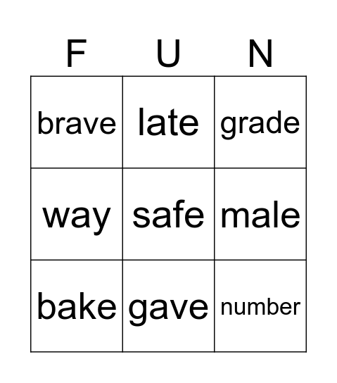 Spelling Word BINGO Card